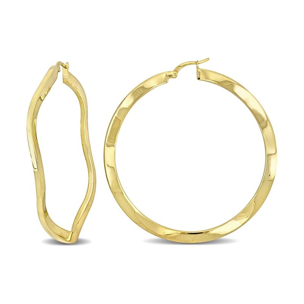 Yellow Plated Sterling Silver Wave Hoop Earrings (2 1/2 Inches)